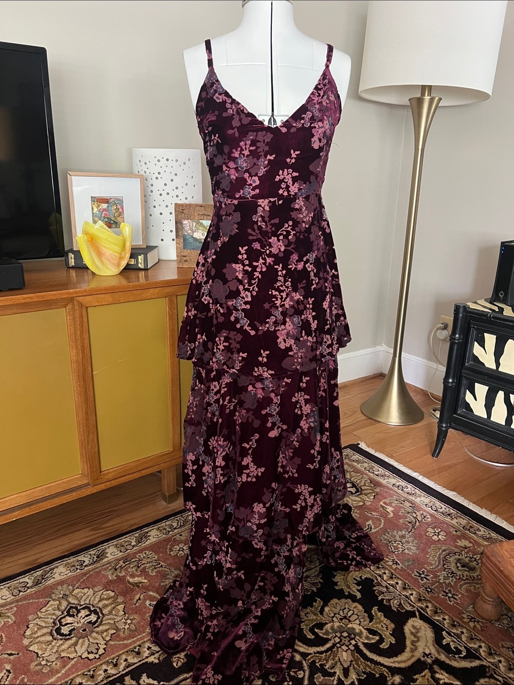 Lulu's Burgundy Floral Velvet Tiered Maxi Dress